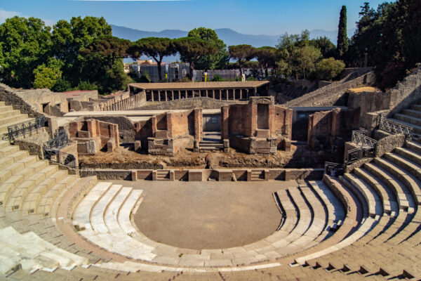 Elevated view of the stage of the Roman amphitheater of Pompeii