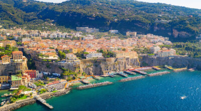 Aerial view of the coast of Sorrento in the Bay of Naples, Italy.