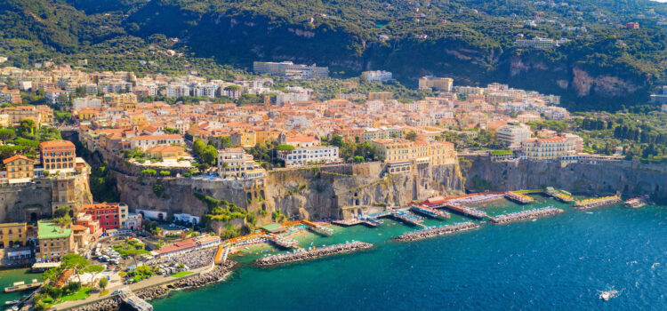 Aerial view of the coast of Sorrento in the Bay of Naples, Italy.